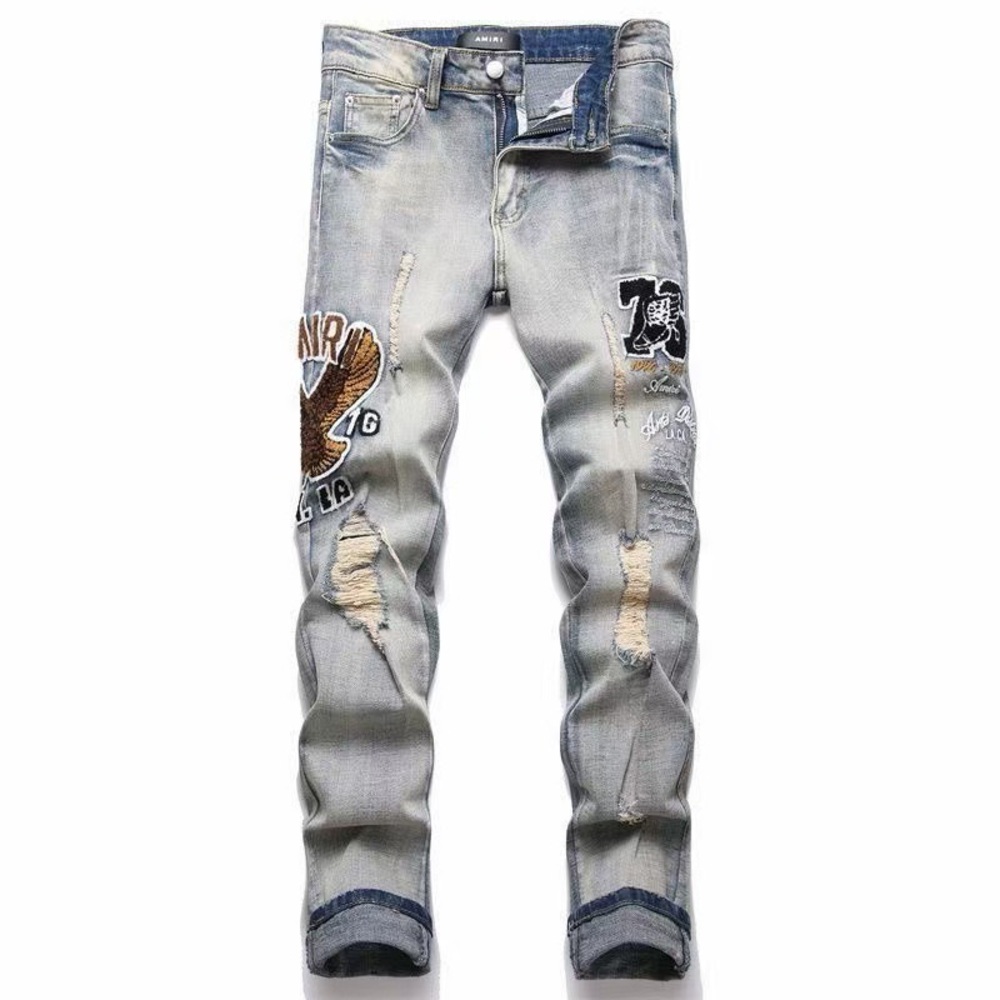 AMIRI Light Gray Distressed Embroidered Slim Jeans